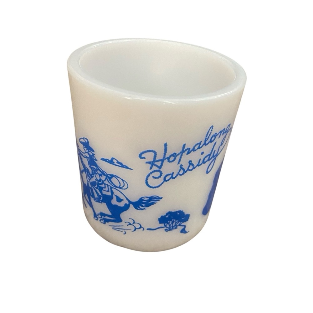 Vintage HOPALONG CASSIDY Cowboy Western White Milk Glass & Blue Childs Cup Mug